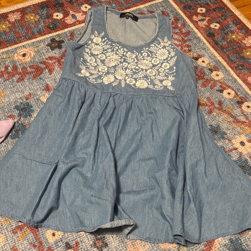 Lulu's Denim Blue Mini Dress with Floral Embroidery